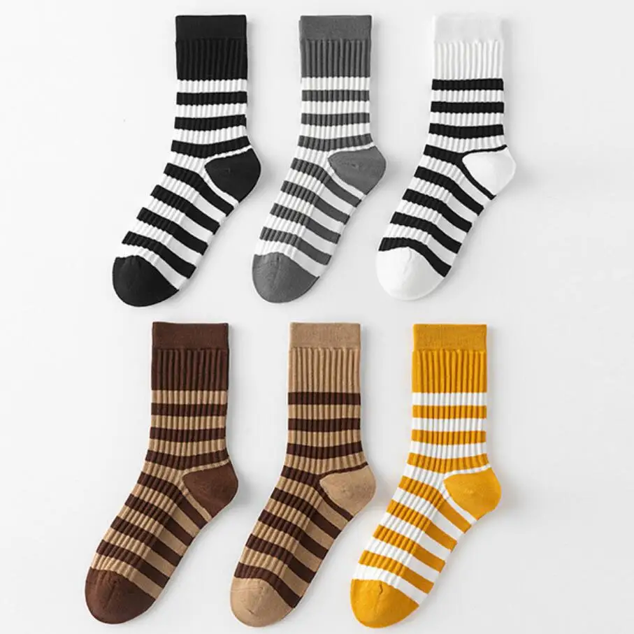

6pair Women's Striped Cotton Socks Cute Contrast Color Breathable Preppy Middle Tube Student Sport Sock Ins Trendy