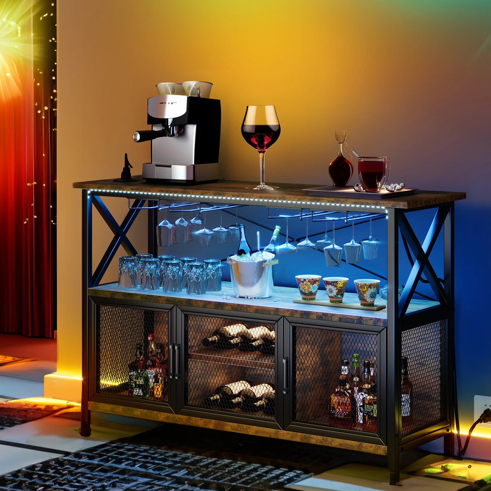 

Coffee Bar Cabinet Wine Liquor Storage Display Sideboard Buffet w/RGB Led Lights