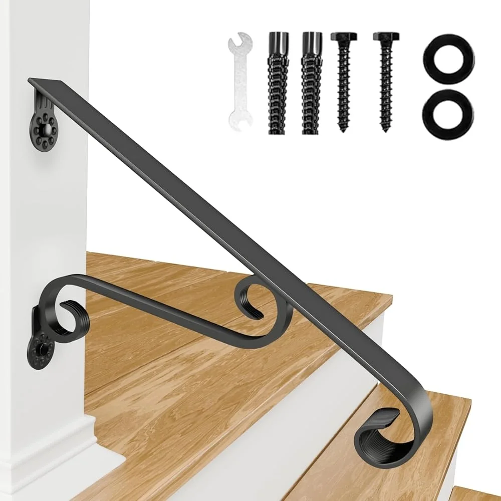 Wall Mounted Wrought Iron Handrail Outdoor Stair Railing 1-2 Steps Safe Reliable Design Easy Installation Strong Support