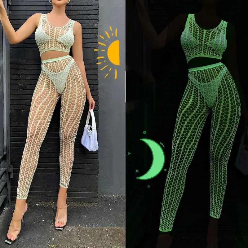 

Luminous Europe American Seduction Nightlight Flirting Hollow Out Two-piece Net Suit Fishing Net Erotic Sets Women's Beach Cover