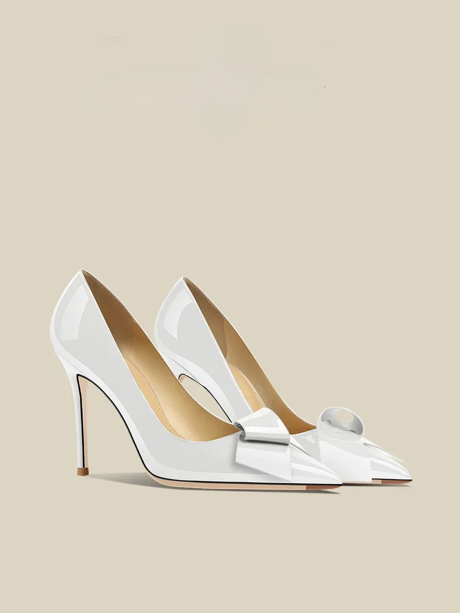 

2024 White High Heeled Women's Shoes With Pointed Bows And Thin Heels