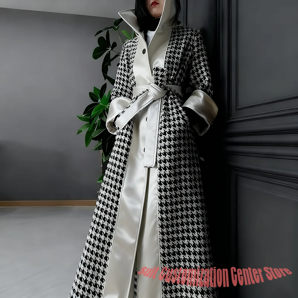 Chic Black & White Houndstooth Women's Jacket Single Breasted Long Coat with Stain Details Tailored Elegant Outerwears