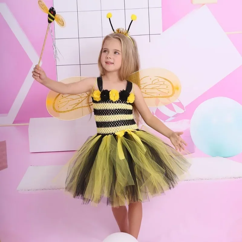 HN8 Bumble Bee Tutu Dress per neonate Compleanno Vestito Costume di Halloween per bambini Abiti cosplay di api con ala Headb8...Gf