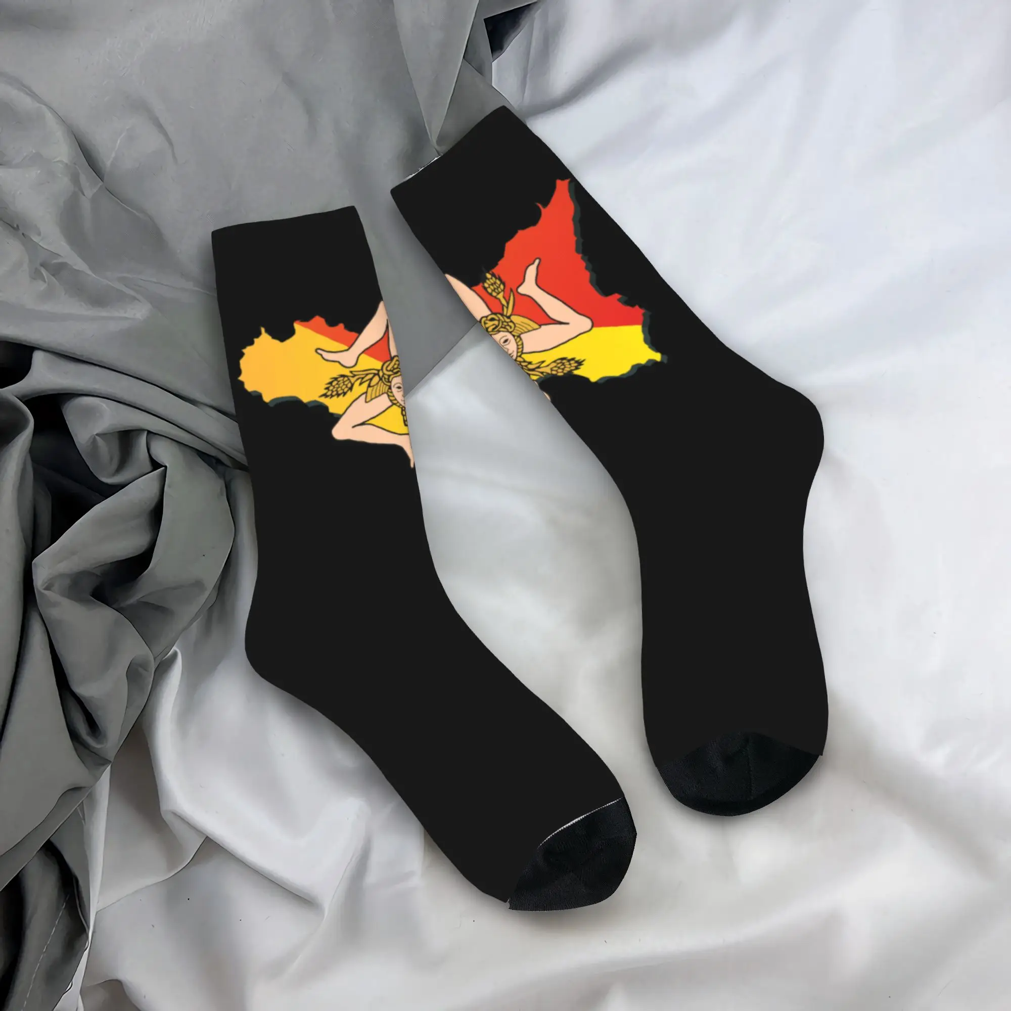 

Custom Sicily Sicilia Flag Map Dress Socks Mens Womens Warm Funny Novelty Italian Sicilian Pride Crew Socks