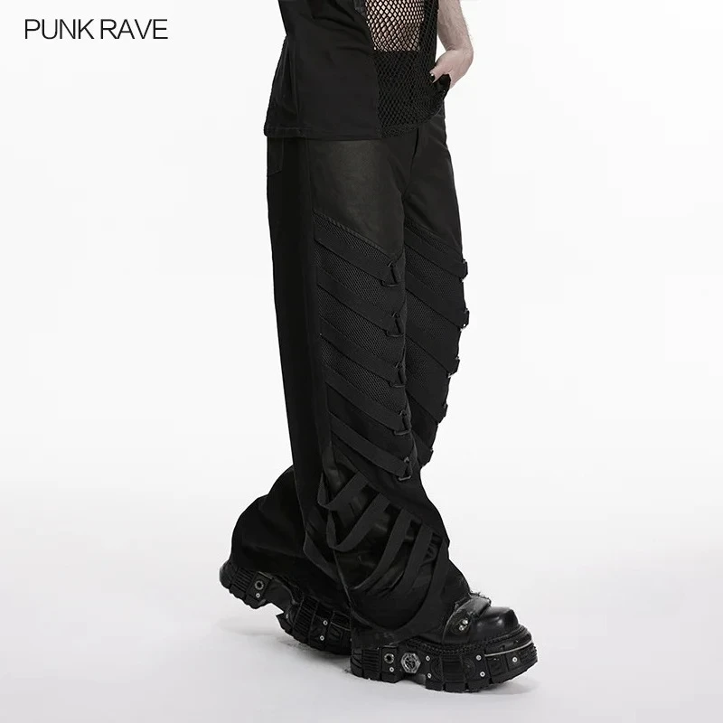 PUNK RAVE Men's Punk Dark Matte Suede & Honeycomb Thick Mesh Wide Leg Pants Rebellious Style Personality Club Cool Trousers