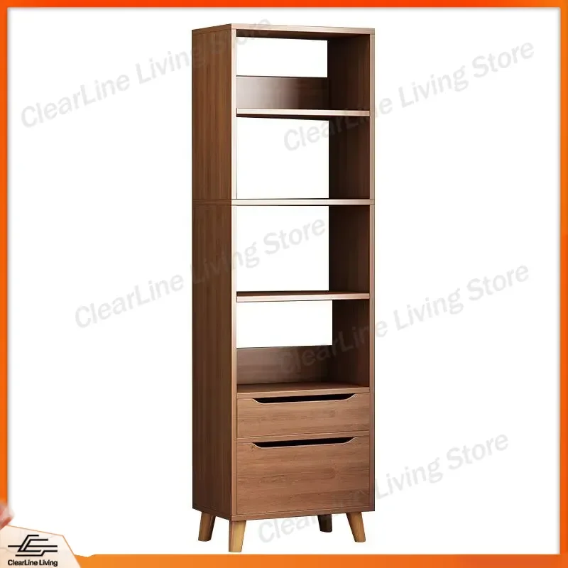 Modern Wooden Narrow Shelf with 2 Drawers and 4 Open Display Shelves Eco Friendly Storage Cabinet for Living Room Bedroom