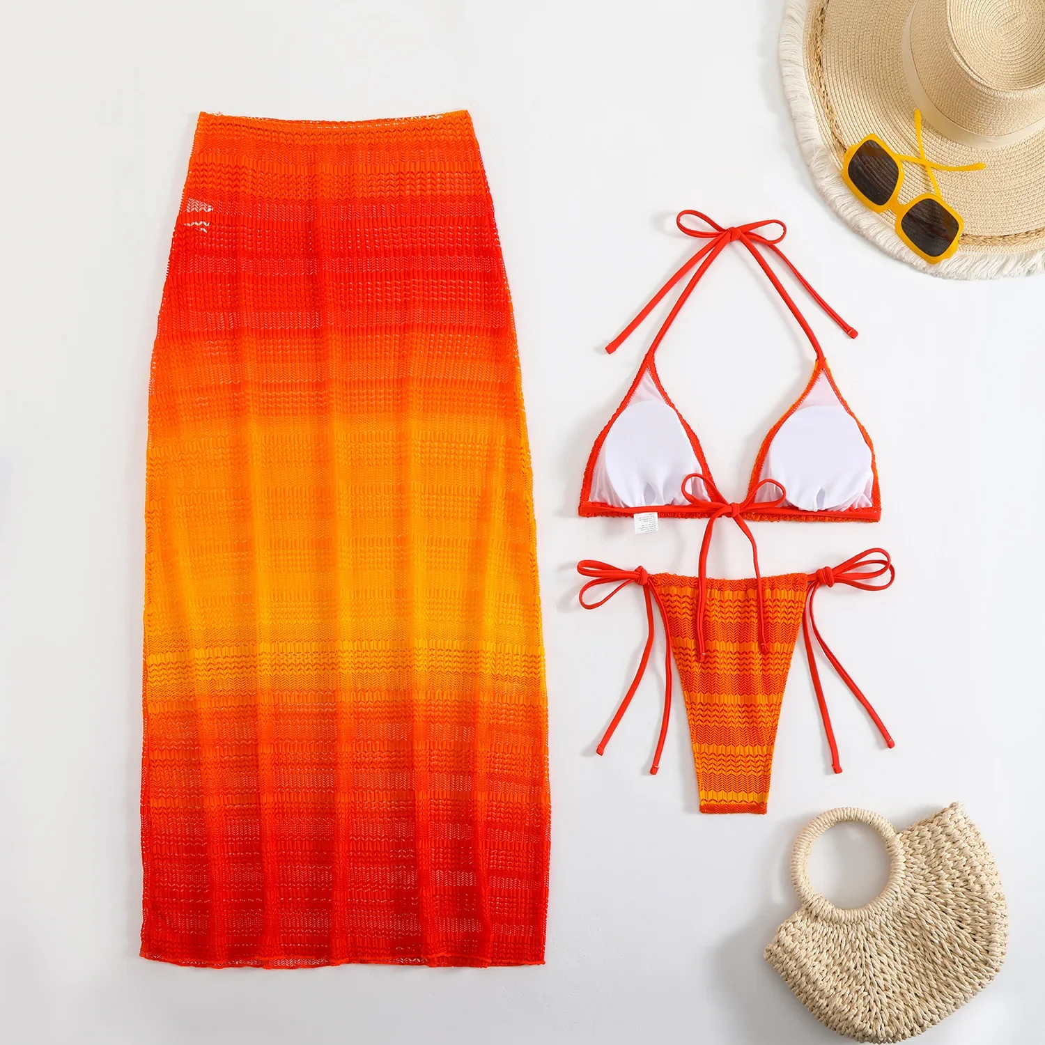 Sexy Gradient Women Swimwear with Lace Long Beach Dress Skirt 3 Piece Bikini Sets Swimsuit Beachwear Bathing Suit Outfits