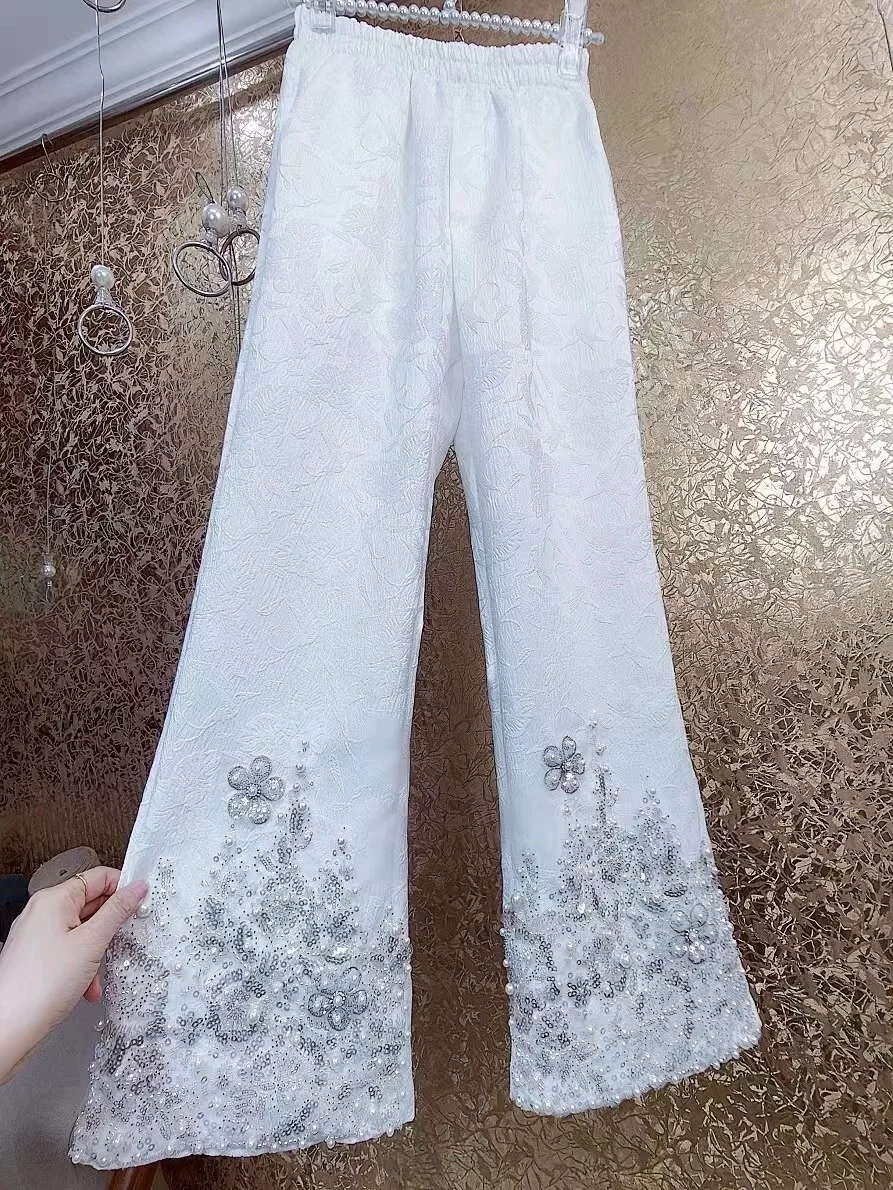 Luxury Beaded Sequined Embroidery Retro Bell-Bottom Pants Women 2024 Autumn 3D Carved Flower Casual Pants Female Long Pant