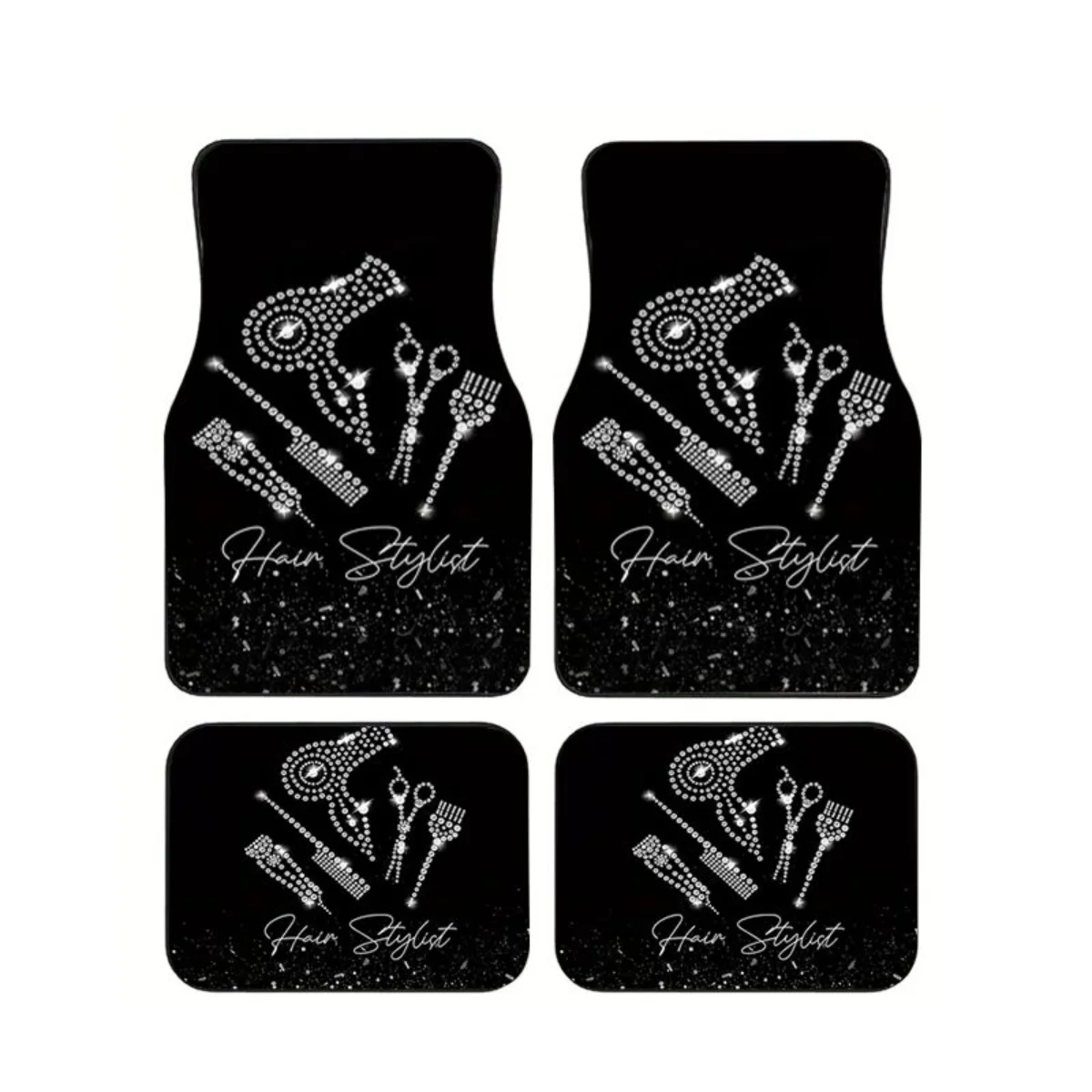 

Universal 4Pcs Car Floor Mats Bling Rhinestone Hair Stylist Tools Print Anti-slip Waterproof Full Set Salon Women Car Foot Mats