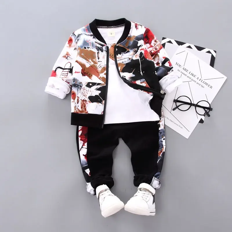 

New Spring Autumn Children Boys Clothes Kids Ink Painting Clothing Suit Jacket T Shirt Pants 3pcs/Sets Infant Cotton Tracksuits