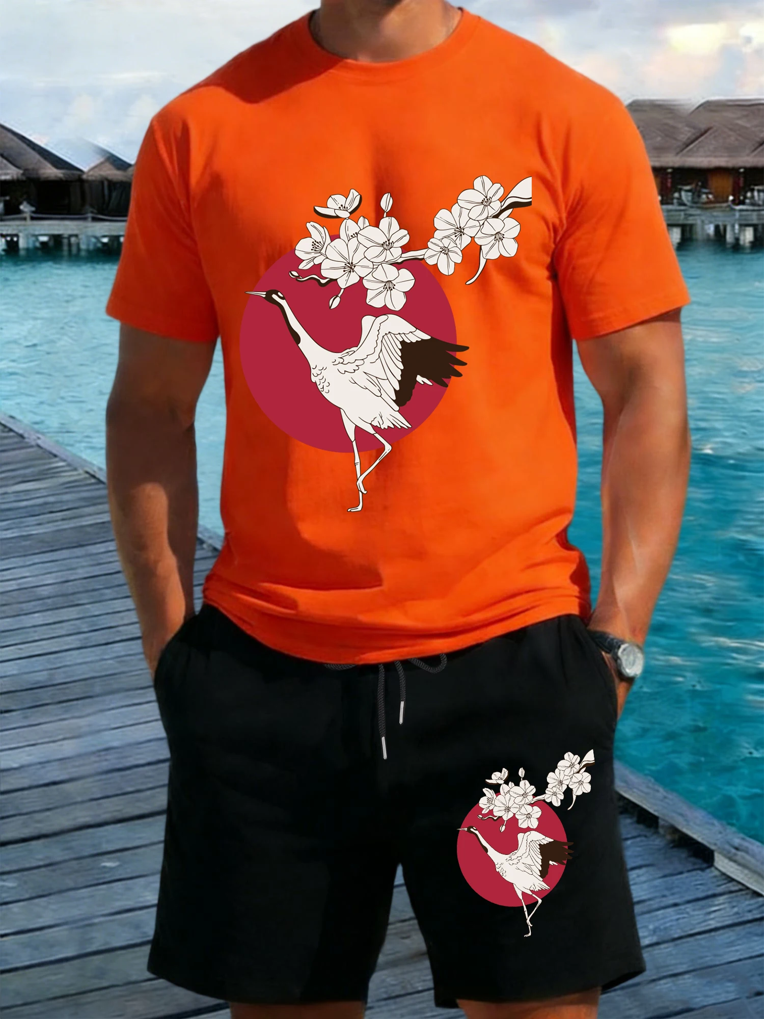 

Harajuku Crane Plum Blossom Print Mens T-Shirt Suit Summer Cotton T Shirt Pocket Drawstring Black Pant All-Match Casual Shorts
