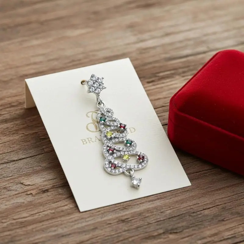 Youthful Christmas Tree Earrings For Women With Zircon Accents Silver Needle And Snowflake Style Holiday Jewelry