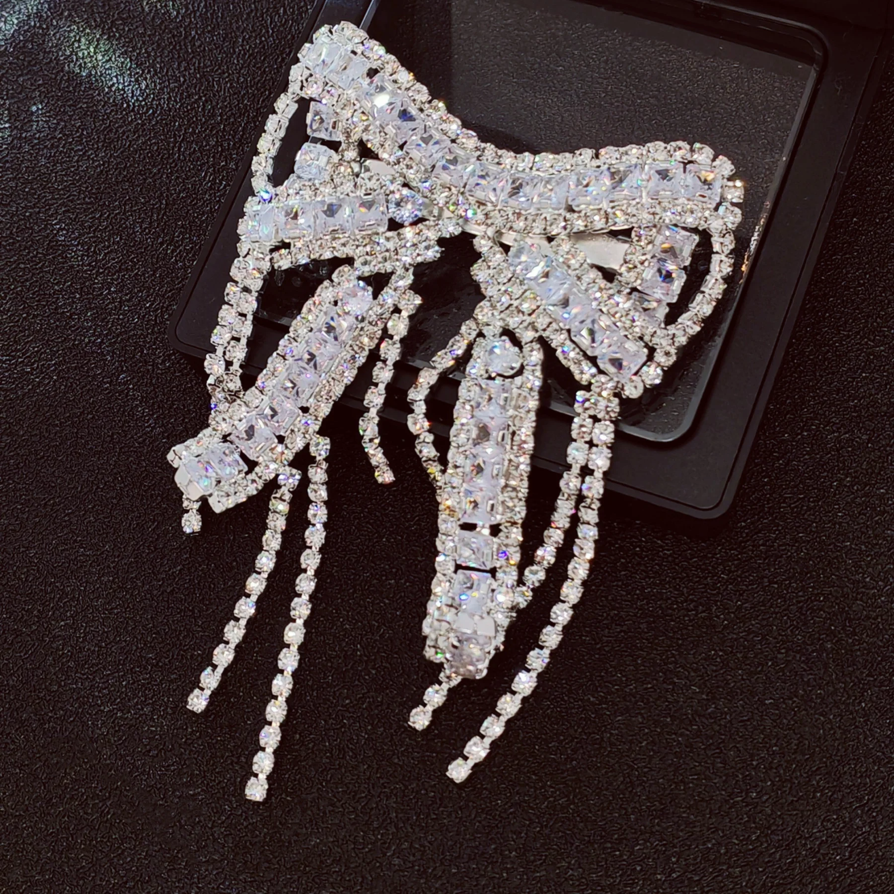 

Crystal Bow Brooch Pin with Dangling Chains, Silver-Tone, CZ&Rhinestone Encrusted