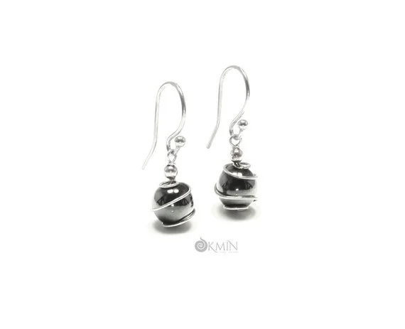 Hematite pendant earrings with sterling silver spirals made from unique hand-crafted gray gemstone gothic jewelry for her gift