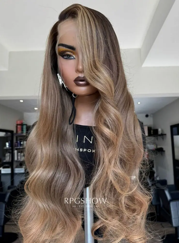 Soft Party Long Length Ombre Chocolate Brown with Blonde Hair Highlight Synthetic Body Wave Premium Fibre Heat Resistant Wig