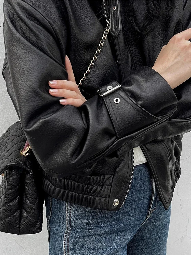 Black Short Genuine Leather Motorcycle Jackets for Women Spring Autumn 2026 New High-end Simple Soft Bubble Real Sheepskin Coat view 5