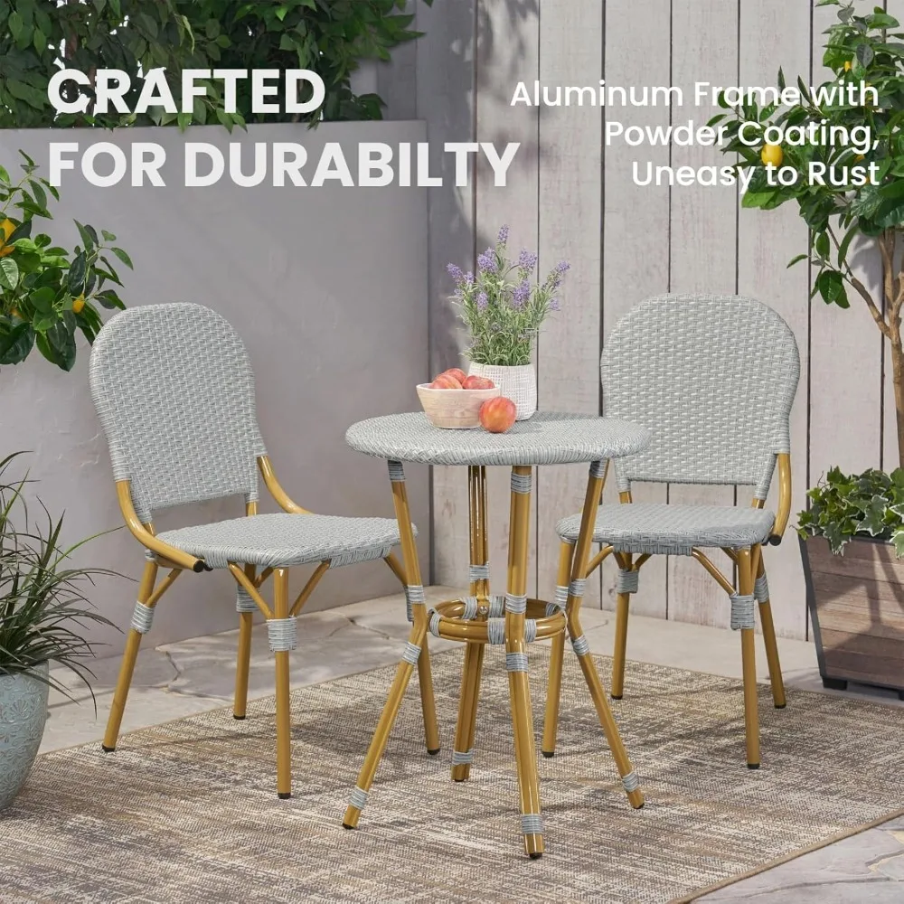 

​​French Bistro Set – Hand-Woven Rattan Chairs & Table, Aluminum Frame & Bamboo Top – Patio, Porch, Garden​