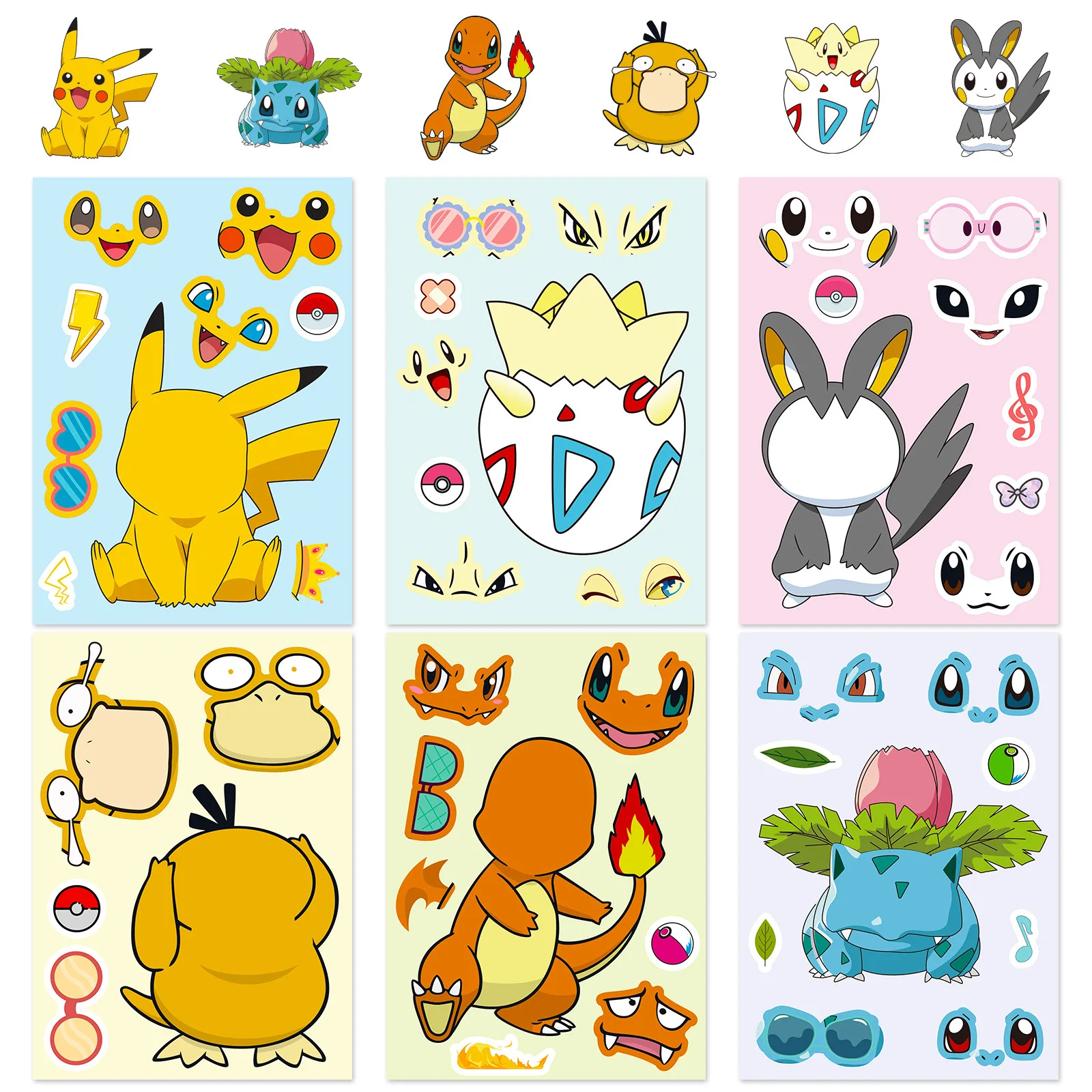 6Sheets Pokemon Pikachu Stickers Make A Face Puzzle Kids Charmander Make Your Own DIY Game Children Jigsaw Education Toys