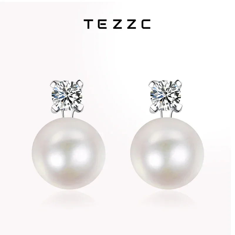 Tezzc 0.3CT Mini Moissanite Pearl Stud Earrings Natural Freshwater Dangle Earrings Lab Diamond 925 Sterling Silver Jewelry Gift