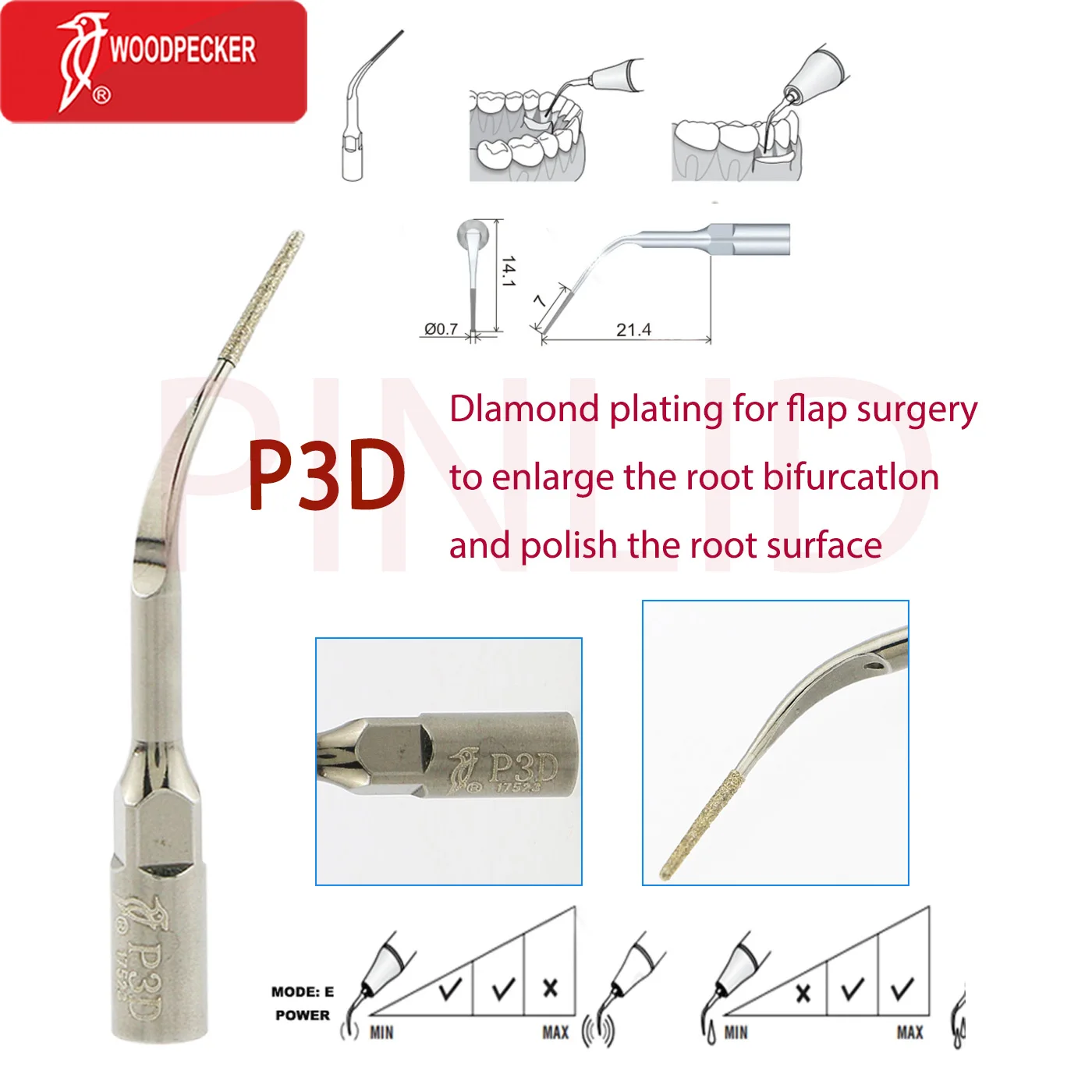 

P3D Dental Ultrasonic Scaler Tips Diamond coated restoration teeth root bifurcation for Instrument