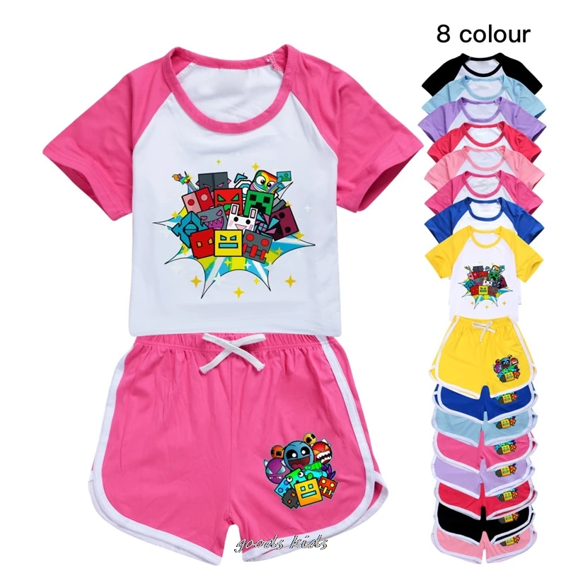 Hot Summer Geometry Dash Girls Boys Clothing Set Kids Sports T shirt+Shorts Set Children Clothing Casual Comfort outfits Pyjamas