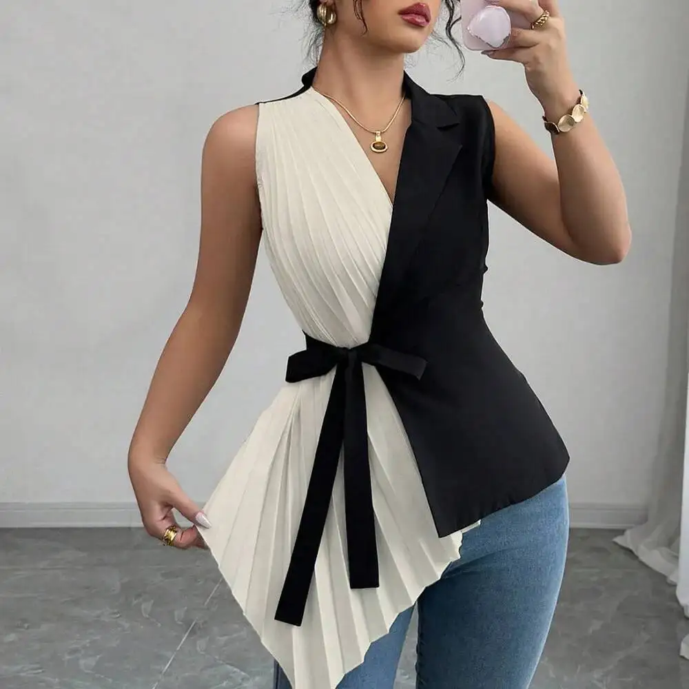 

Summer New Women's Sleeveless Shirts Casual Fashion Deep V Neck Folds Splicing Color Clash Lace Up Cinched Waist Shirts Top