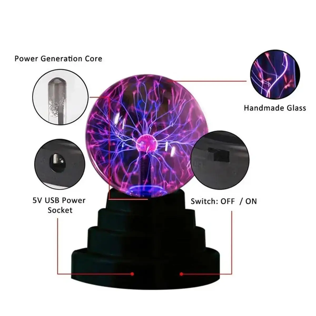 Plasma Lamp Eu Plug Sensitive Light Ball Globe Magic Usb Electricity Electric Powered Static Lightning 4Inch Mini Bulb Touch Red