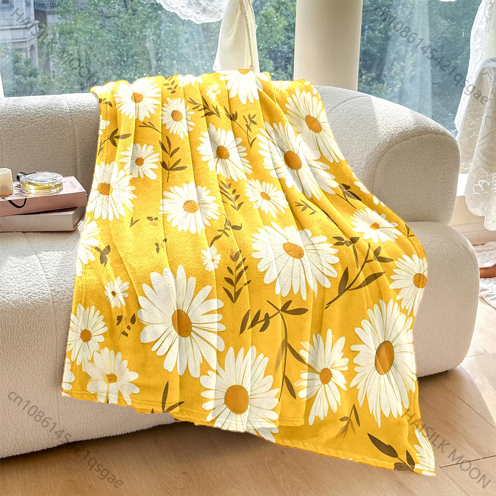 Daisy Yellow Background Print Blanket Flannel Material Soft Warm for All Seasons, Home Outdoor Camping Picnics Multi-Size