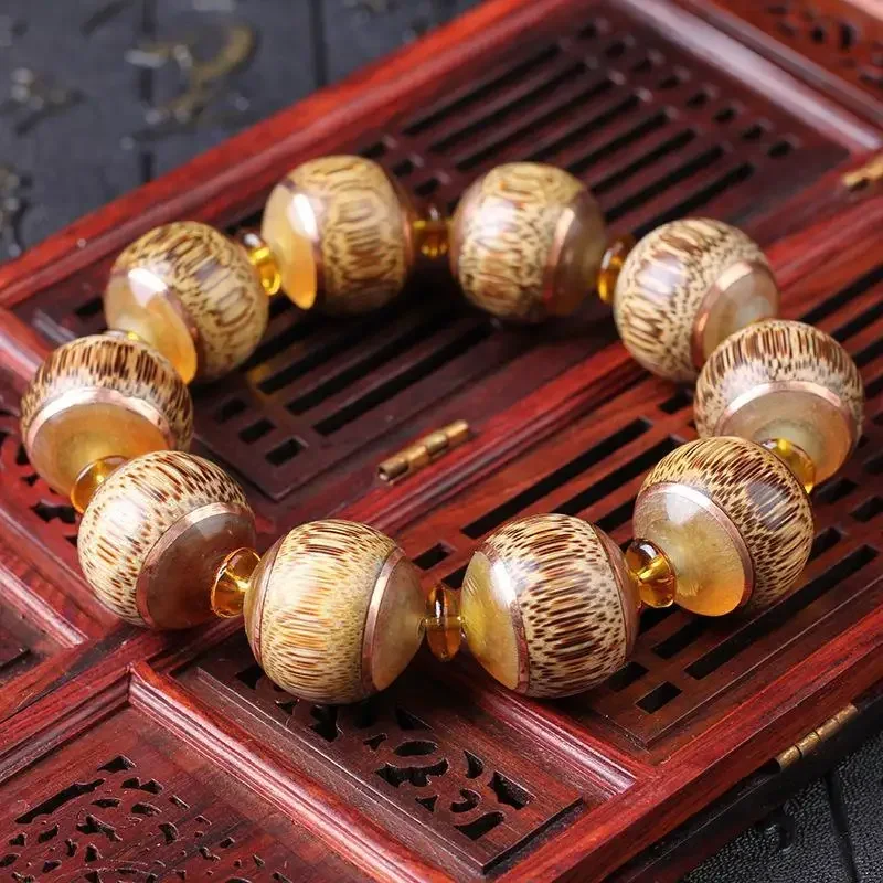 Collection Natural Dragon Blood Golden Bamboo Bracelet Inlaid With Horn Amulet Hand String Full Golden Beads High-grade Jewelry