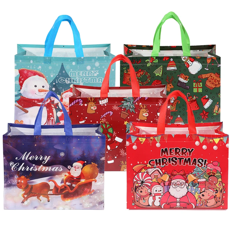 5 Stück Weihnachtsgeschenk-Tragetaschen für Kinder, Partyzubehör, 33 x 25 x 17 cm, Schneemann-Verpackung, Süßigkeiten-Geschenktasche, wiederverwendbar, Vliesstoff, TMZ