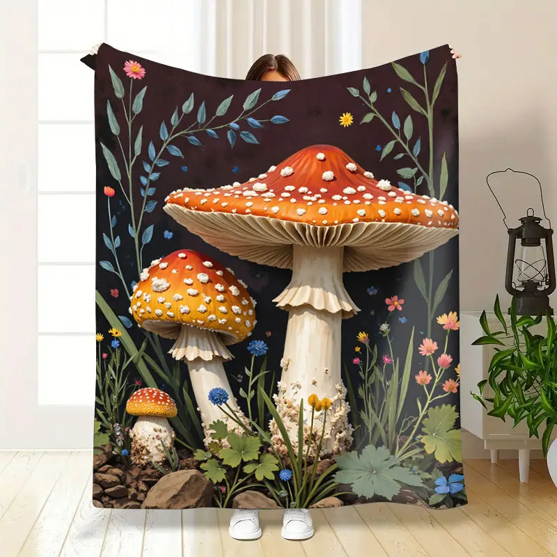 1pc フランネルブランケット 魔法の森キノコブランケット - 居心地の良い夜のための 3D 花柄ファンタジーデザイン