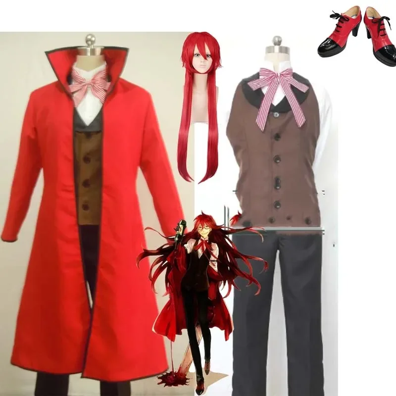 Grell Sutcliff buty Anime Kuroshitsuji śmierć Shinigami Cosplay czerwony mundur strój Kuroshitsuji Grell Sutcliff czerwone długie włosy XC