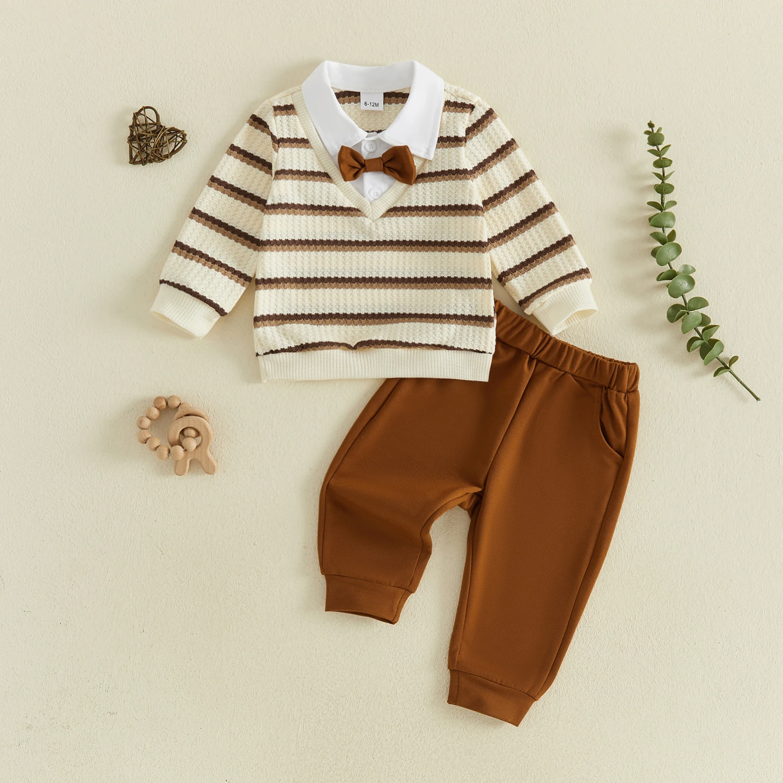 1-4Y Toddler Kids Boy Fall Outfit Stripe Print Lapel Long Sleeve Sweatshirt Pants Boys Formal Genltman Clothing Set