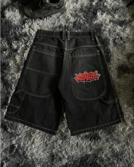 Shorts jeans preto com incrustações de diamante feminino, streetwear de pernas largas, moletom americano fino, Y2K, retrô, novo