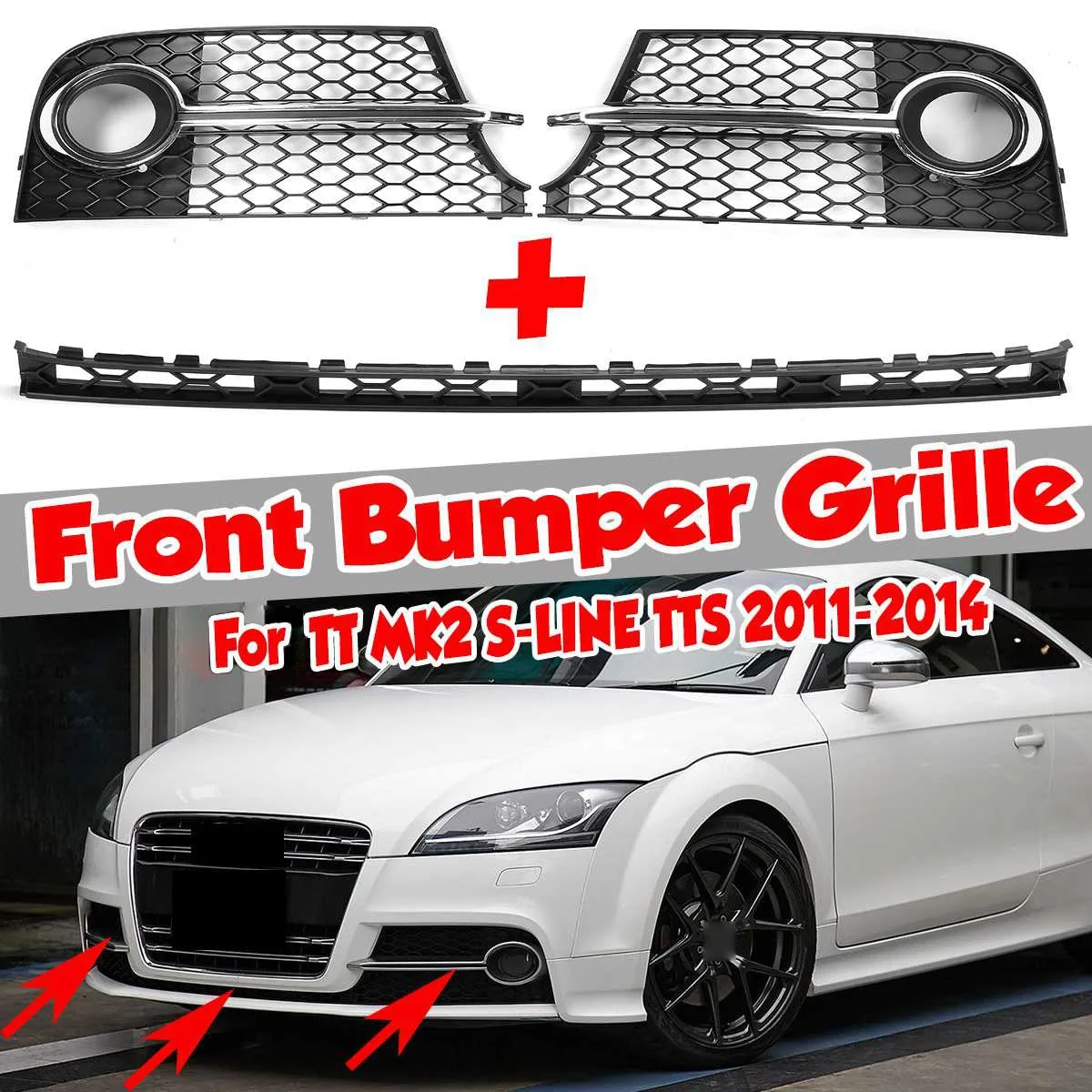 Car Front Bumper Fog Light Lamp Grilles Honeycomb Cover & Front Lower Grille for-Audi TT MK2 S-LINE TTS 2011-2014