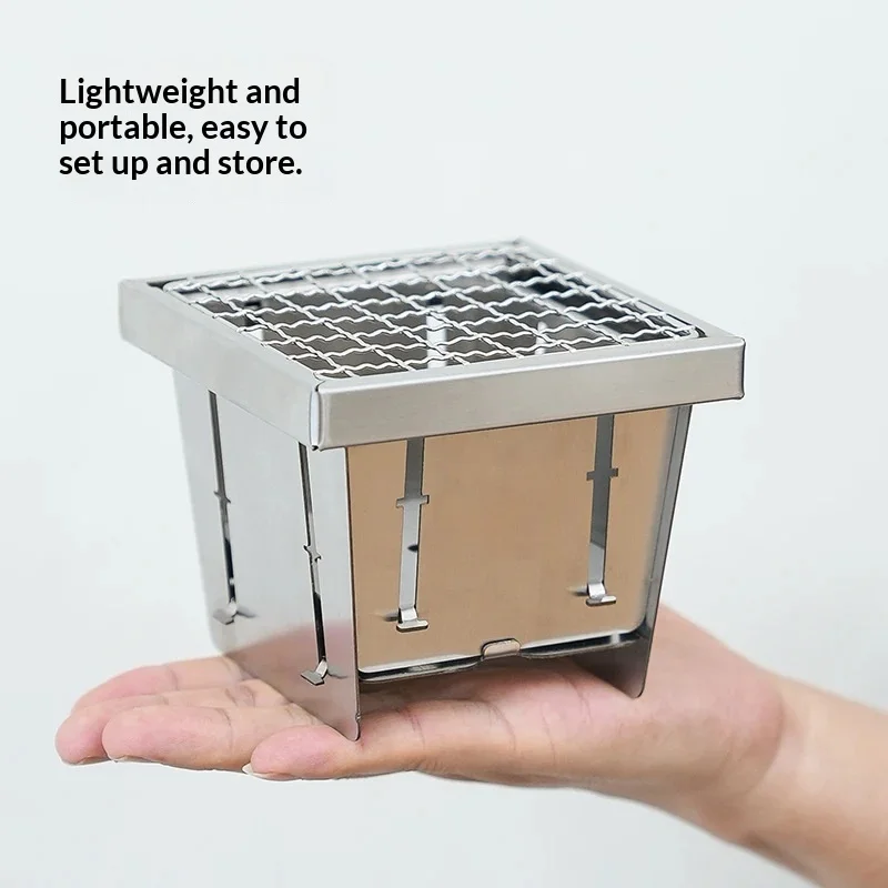Camping BBQ Pocket Stove Bonfire Stand Box-Type Stainless Steel Easy Assembly Portable Collapsible Tea Grill