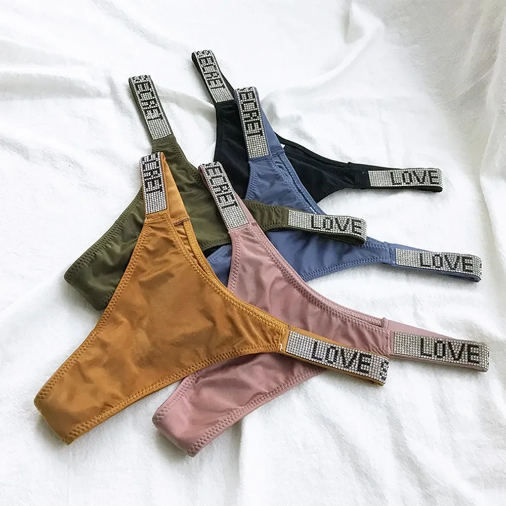 여성용 섹시한 크리스탈 라인스톤 속옷, 레터 피트니스 체육관 끈 팬티, 낮은 허리 패션, 탱가 푸시 업 란제리