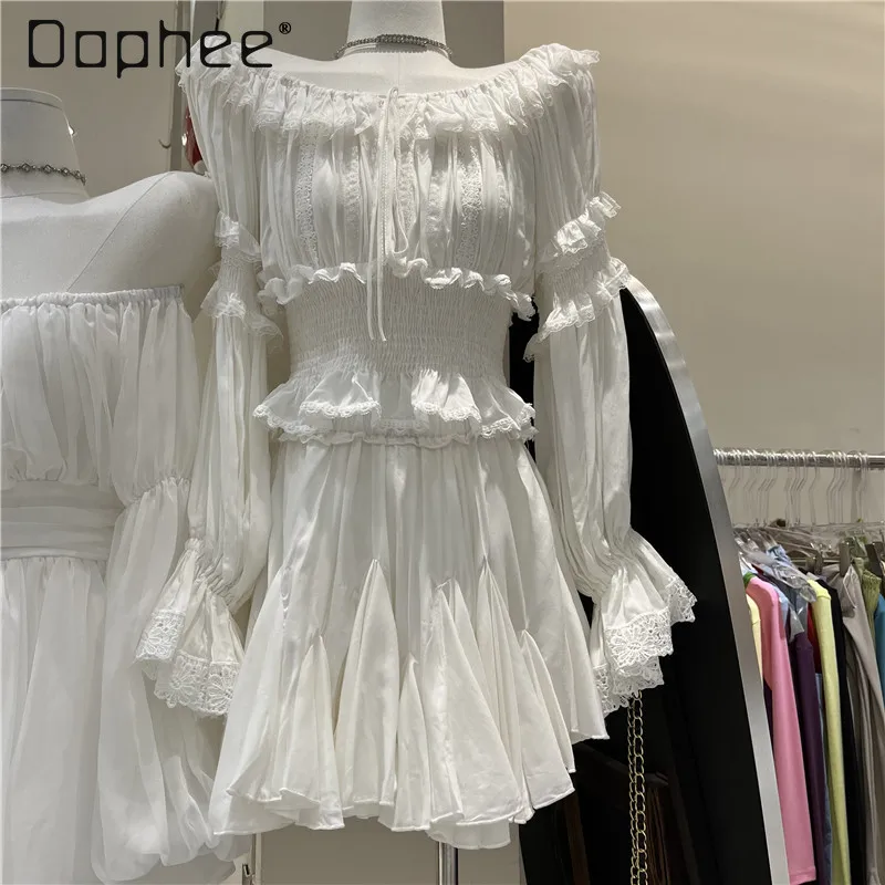 

French Temperament Socialite Suit Lace Pleated Horn Sleeves Off Shoulder Shirt Pleated Mini Skirt Two Piece Sets Womens Outifits