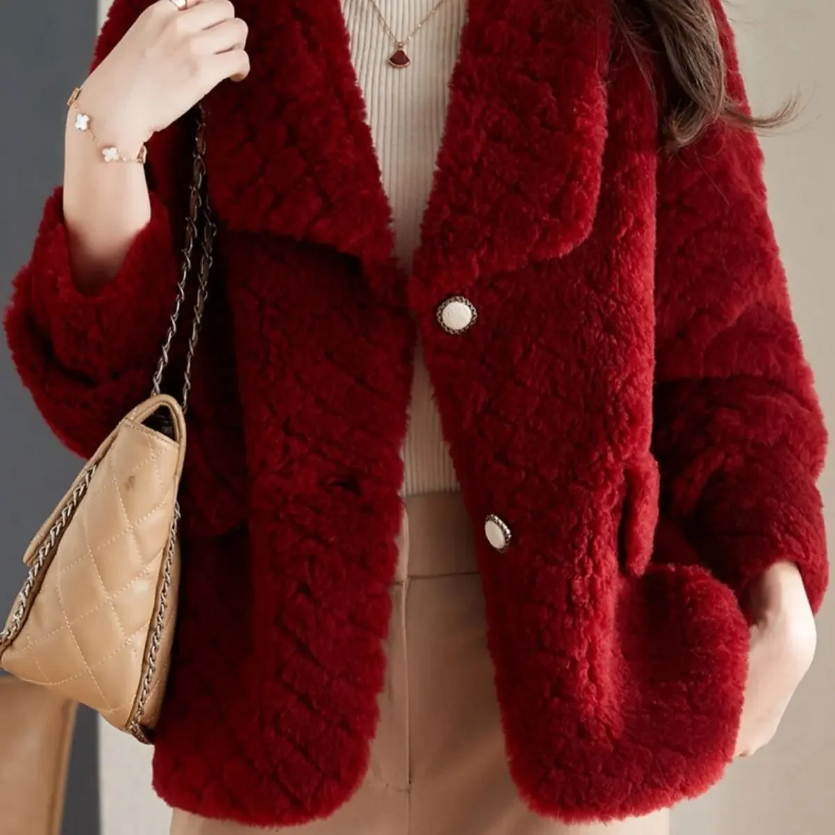 2026 Haining fur New Lapel Imitation Sheep Shearing Lamb Wool Granular Coat Women's Thickened Warm Young FAUX FUR Coat