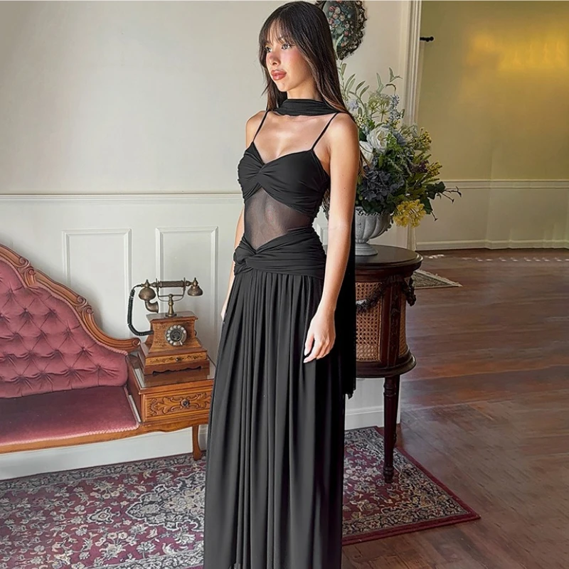 TARUXYSexy شبكة النسيج Strappy فستان المرأة الصلبة الخامس الرقبة منظور التجاعيد أنيقة حفلة عالية الخصر فستان الإناث مساء فستان