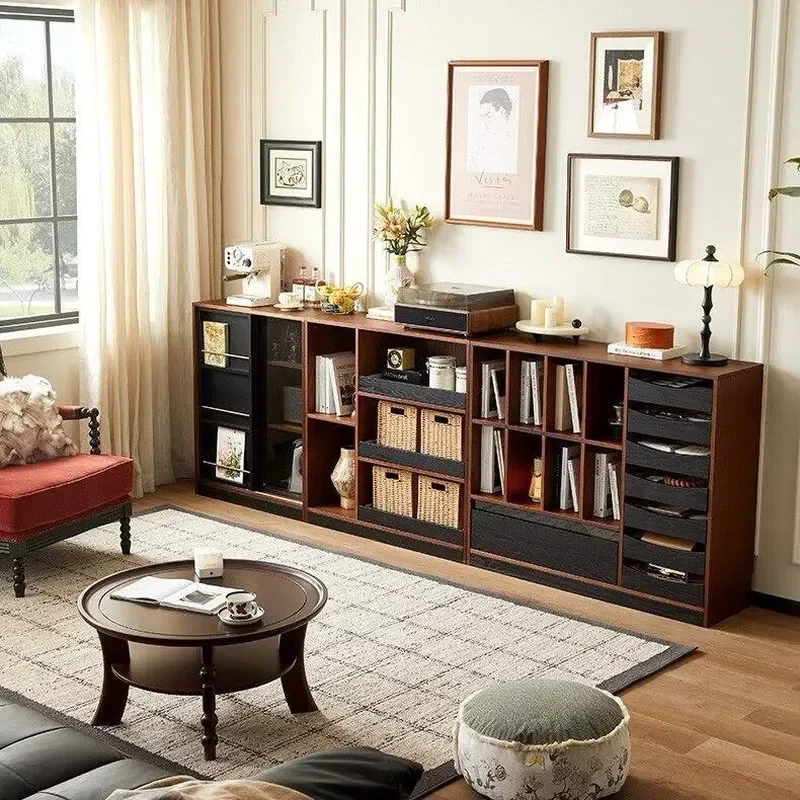 Retro Solid Wood Living Room Storage Cabinet Sofa Side Display Unit Wall Mounted Locker Antique Style Modular Furniture