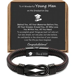 High School College Graduation Gifts for Men Class of 2024 Leather Stainless Steel Knot Bracelet, Graduation Gifts for Son BFF