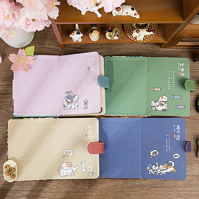 Kawaii Cartoon Cat PU Magnetic Buckle Notebook A6 Paper Japanese Art Style Cat Ledger Diary Agenda Planner Notepads Stationery