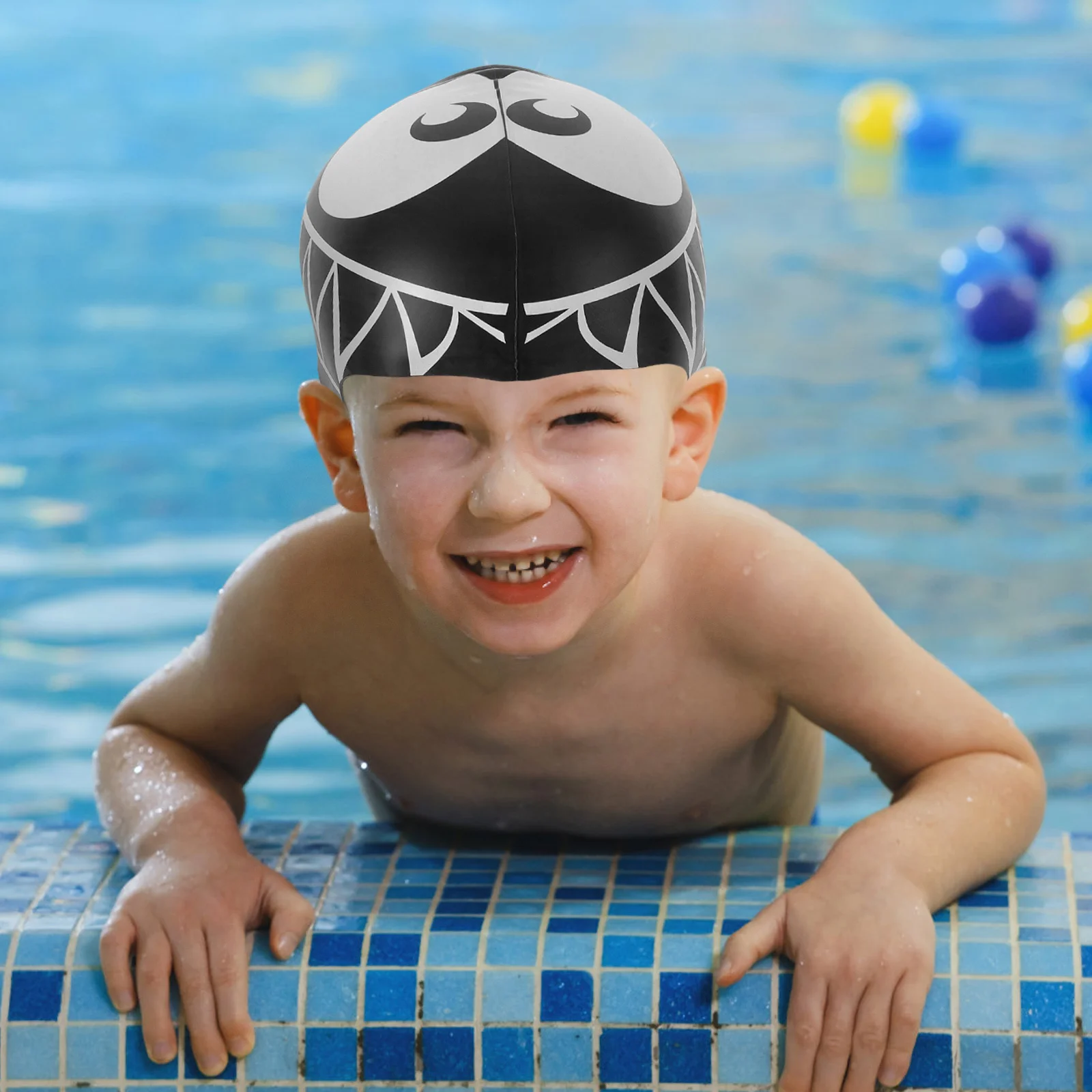 

Silicone Swim Cap for Kids Cute Shark Pattern Bathing Hat with Ear Cover Waterproof for Swimming Lessons and Water Play