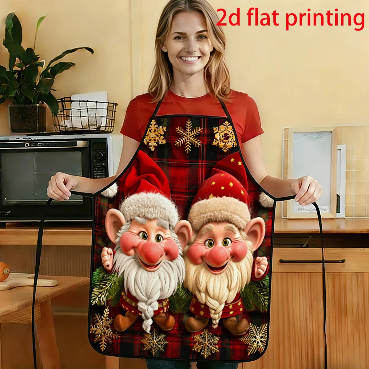 1pc 2D Flat European Fairy Tale Style Red Hat Long Beard Elf And Snowflake Checkered Pattern Printed Apron Durable And Easy To C
