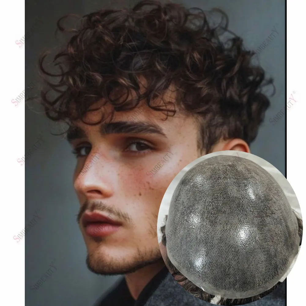 

Парик из натуральных волос премиум-класса для мужчин, серый, черный, 22 мм, вьющиеся, прочный, из микрокожи, капиллярный протез из искусственной кожи, незаметный, натуральная линия волос