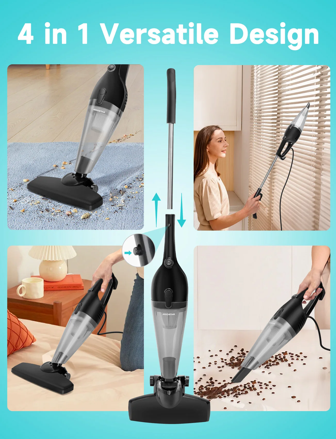 مكنسة كهربائية سلكية 4 في 1 من Aigostar، مكنسة كهربائية بقوة 600 وات، سعة 15 كيلو باسكال، سعة 1.2 لتر، خفيفة الوزن ومثالية للمنزل