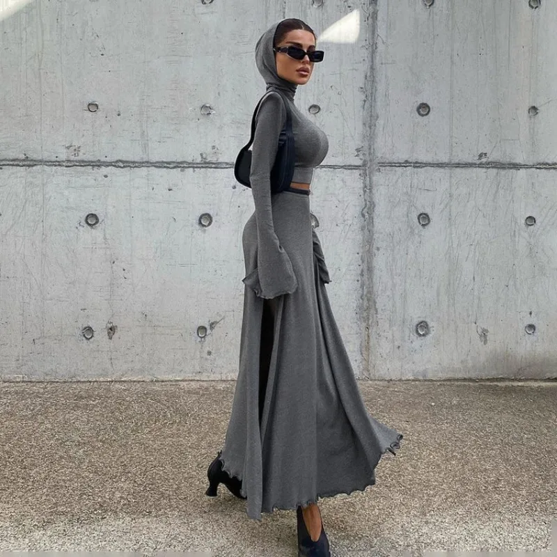 Tuularose Spring Long Skirt Two Piece Women's Short Hooded Top High Waist Side Split Long Skirt Set Sexy Loose Women Skirt Set