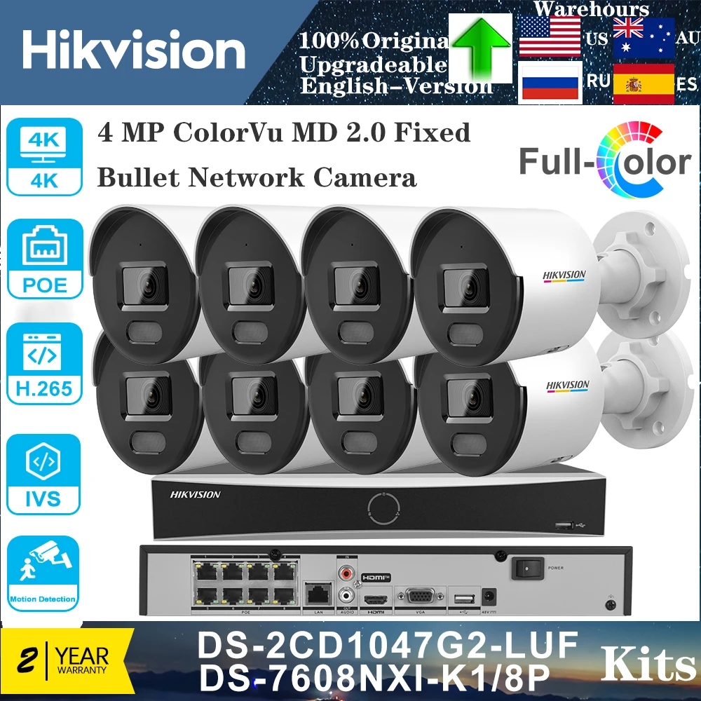 8 PCS Kits Original Hikvision DS-2CD1047G2-LUF ColorVu MD2.0 Bala fixa câmera ip DS-7608NXI-K1/8 P 8ch PoE 1U AcuSense NVR Kits