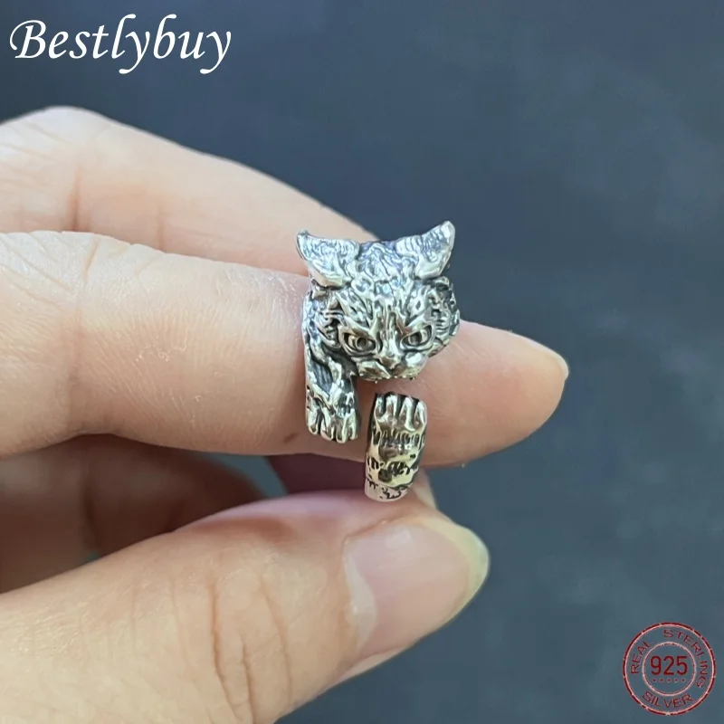 really 925 Sterling Silver Retro Thai Silver Russian 3D Cute Cat Ring For Women